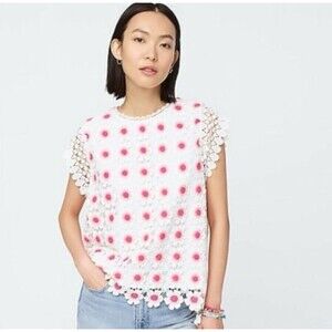 J Crew White Coral Pink Floral Crochet Short Sleeve Blouse Small Spring Easter